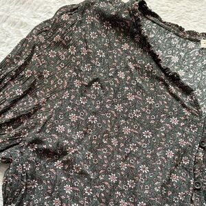 Floral Ruffle-Trim Button Front Women’s Top - Dark Green with Pink Floral